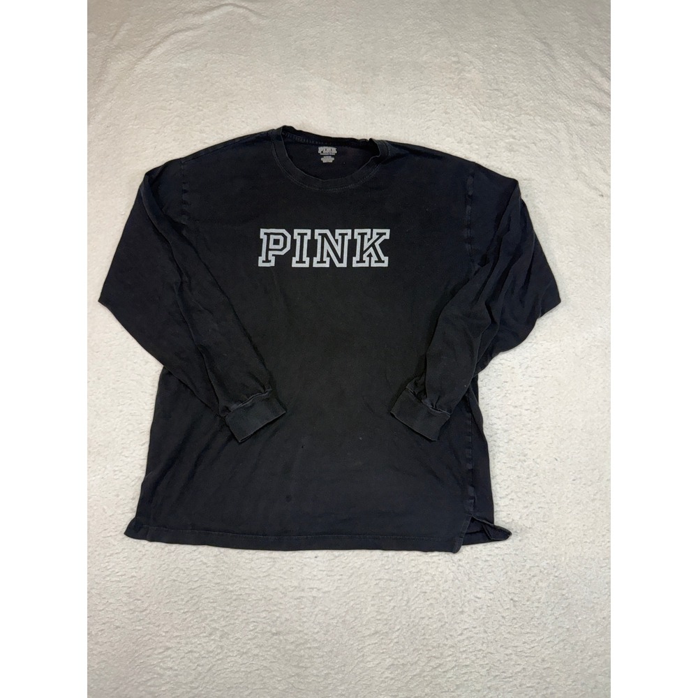 Victoria's Secret PINK Long Sleeve Graphic T-Shirt Black Crew Neck Womens Medium